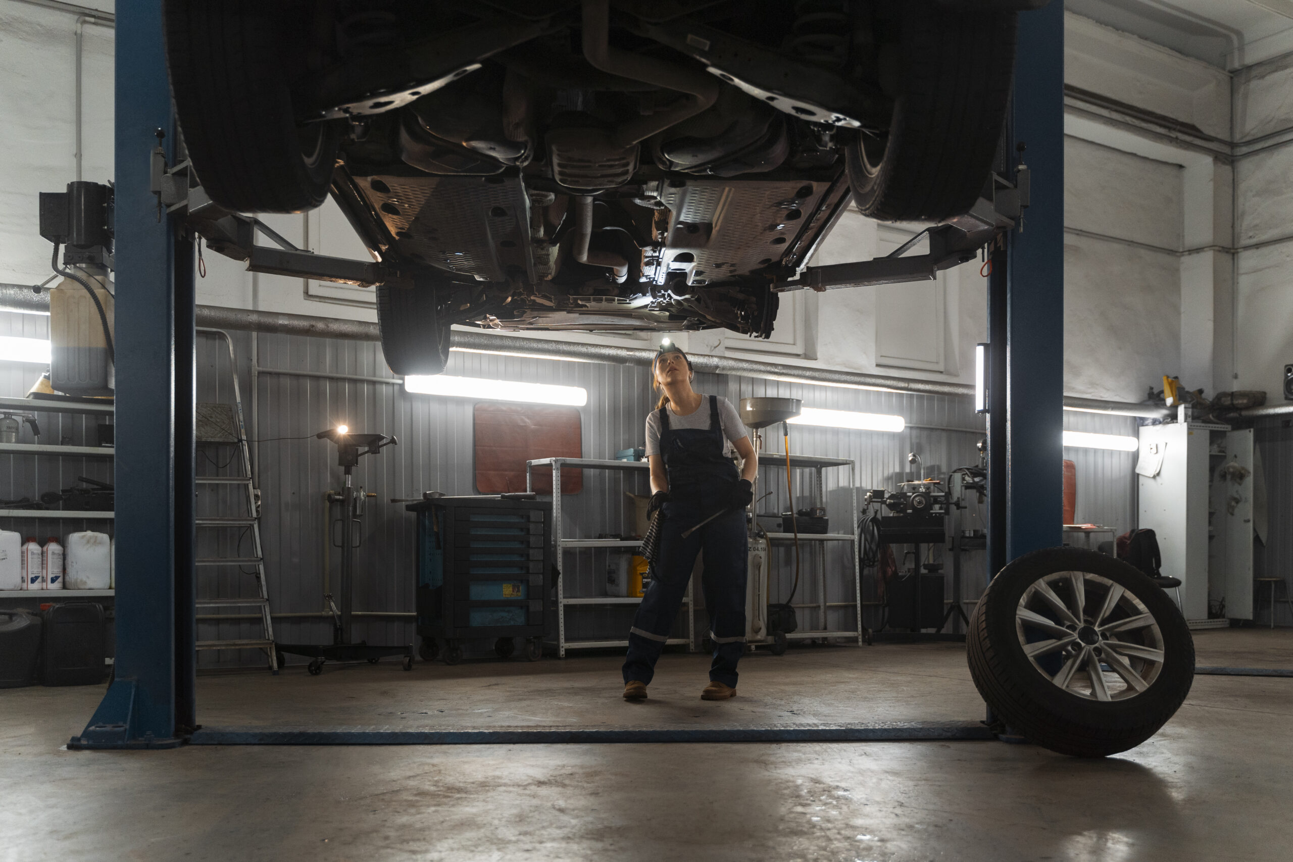 female auto repairer working shop car